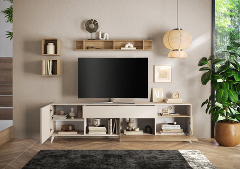 Mobile Porta TV da 240cm con 1 Anta, 1 Cassetto, 1 Ribalta, 2 Vani a giorno Linea Monaco 100% Made in Italy