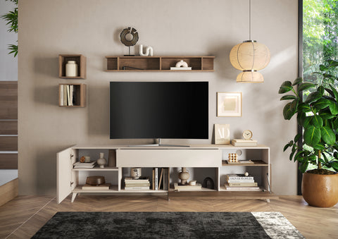 Mobile Porta TV da 240cm con 1 Anta, 1 Cassetto, 1 Ribalta, 2 Vani a giorno Linea Monaco 100% Made in Italy