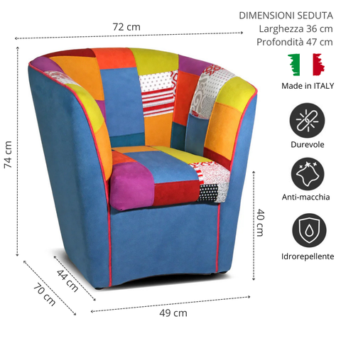 Poltrona Patchwork AZZURRA artigianale 100% MADE IN ITALY