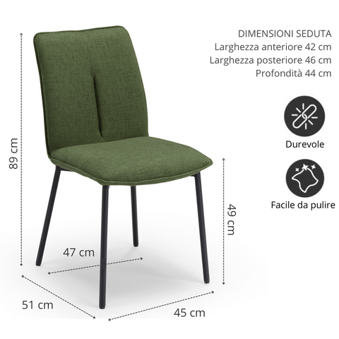 Sedia imbottita in tessuto verde oliva con gambe in metallo scheda tecnica