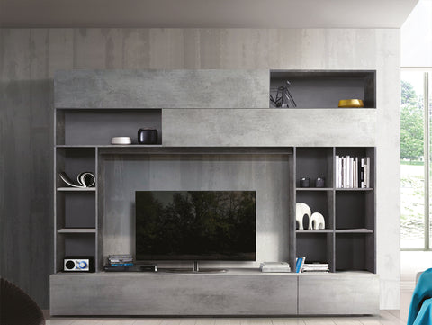 Parete Attrezzata Pratiko con Scompartimenti, Vani, Cassetti, Base TV 100% Made in Italy Cemento - Ossido (in KIT)