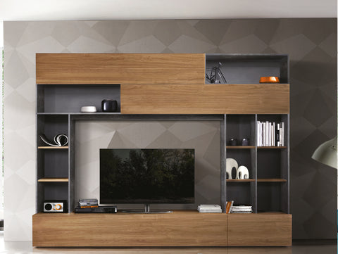 Parete Attrezzata Pratiko con Scompartimenti, Vani, Cassetti, Base TV 100% Made in Italy Noce Stelvio - Ossido (in KIT)