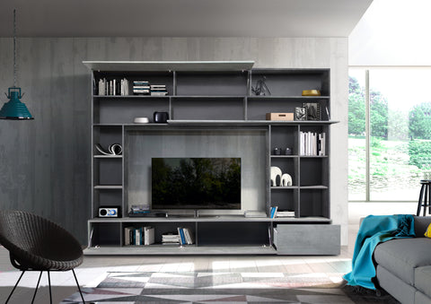 Parete Attrezzata Pratiko con Scompartimenti, Vani, Cassetti, Base TV 100% Made in Italy Cemento - Ossido (in KIT)