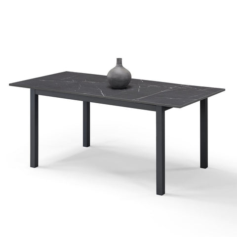 Tavolo per soggiorno con top in legno effetto pietra nera allungabile e struttura in metallo