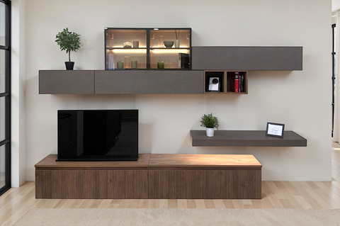 Parete Attrezzata Infinity A1 con Base Porta TV, Mensola Con Kit Optional Led, 2 Elementi a Ribalta Vasistas, 2 Cubi a Giorno, Cubo in Vetro con Kit Optional Led 100% Made in Italy