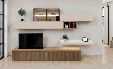 Redokasa Parete Attrezzata Infinity A2 con Base Porta TV, Mensola con Kit Optional Led, 2 Elementi a Ribalta Vasistas, 2 Cubi a Giorno, Cubo in Vetro con Kit Optional Led 100% Made in Italy