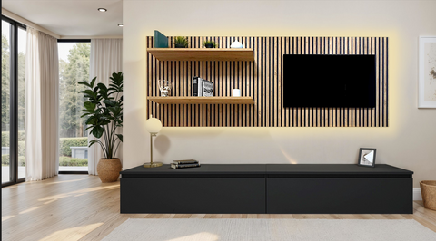 Parete Attrezzata Infinity D2 con Boiserie Dogata con 4 Mensole, Kit Optional Led e Base Porta TV 100% Made in Italy