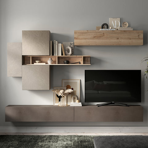 Parete Attrezzata Infinity 44D con 2 Cubi, 3 Elementi a Ribalta, Mensola, 1 Pensile Verticale 100% Made in Italy