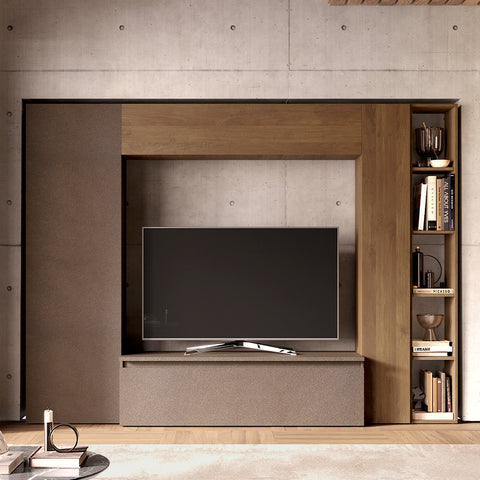 Parete Attrezzata Infinity 9 con Colonna Large, Mobile Porta TV, Colonna Stretta, Elemento a Ribalta, Elemento con Vani a giorno 100% Made in Italy