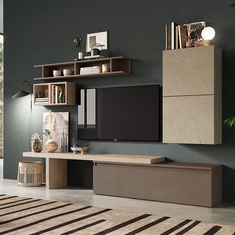 Parete Attrezzata Infinity 2A con Mensola a Terra, Mobile Porta TV, 2 Cubi, 2 Vani a giorno, Mensola 100% Made in Italy
