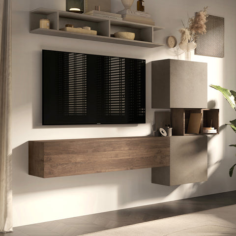 Parete Attrezzata Infinity 3A con 2 Cubi, 2 Vani a giorno, Elemento a Ribalta, Mensola 100% Made in Italy