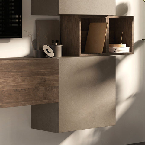 Parete Attrezzata Infinity 3A con 2 Cubi, 2 Vani a giorno, Elemento a Ribalta, Mensola 100% Made in Italy