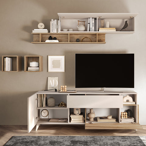 Mobile Porta TV da 180cm con 1 Anta, 1 Cassetto, 1 Ribalta, 2 Vani a giorno Linea Monaco 100% Made in Italy