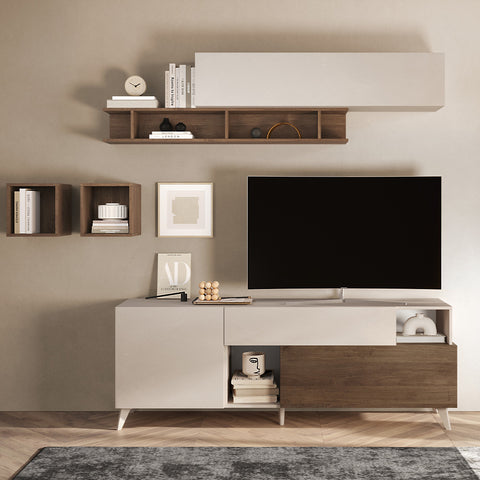 Mobile Porta TV da 180cm con 1 Anta, 1 Cassetto, 1 Ribalta, 2 Vani a giorno Linea Monaco 100% Made in Italy