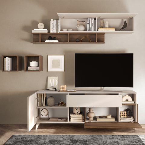 Mobile Porta TV da 180cm con 1 Anta, 1 Cassetto, 1 Ribalta, 2 Vani a giorno Linea Monaco 100% Made in Italy