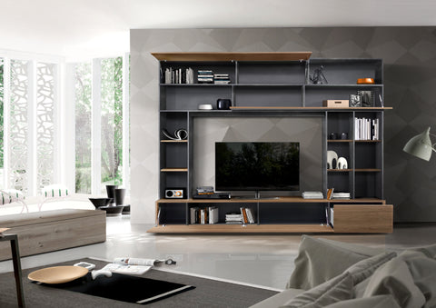 Parete Attrezzata Pratiko con Scompartimenti, Vani, Cassetti, Base TV 100% Made in Italy Noce Stelvio - Ossido (in KIT)