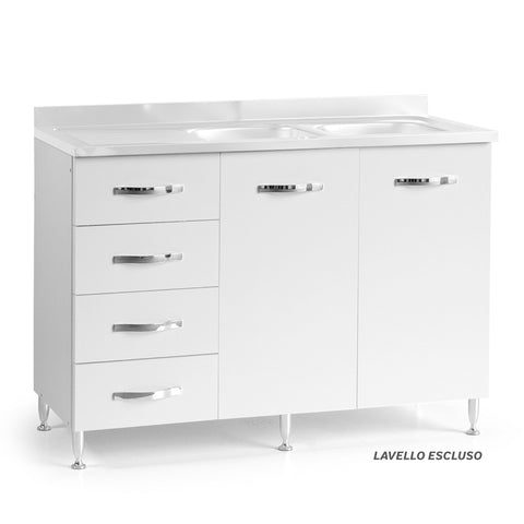 Sotto lavello per cucina componibile da 120 cm con due ante e 4 cassetti, realizzata in legno 100% MADE IN ITALY