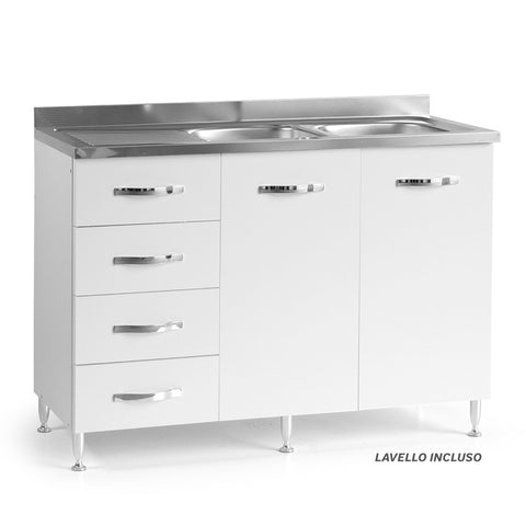 Sotto lavello per cucina componibile da 120 cm con due ante e 4 cassetti, realizzata in legno 100% MADE IN ITALY