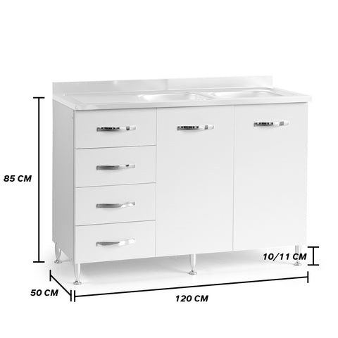 Sotto lavello per cucina componibile da 120 cm con due ante e 4 cassetti, realizzata in legno 100% MADE IN ITALY