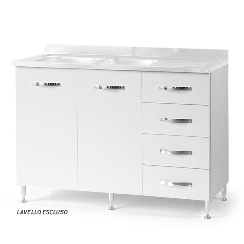 Sotto lavello per cucina componibile da 120 cm con due ante e 4 cassetti, realizzata in legno 100% MADE IN ITALY