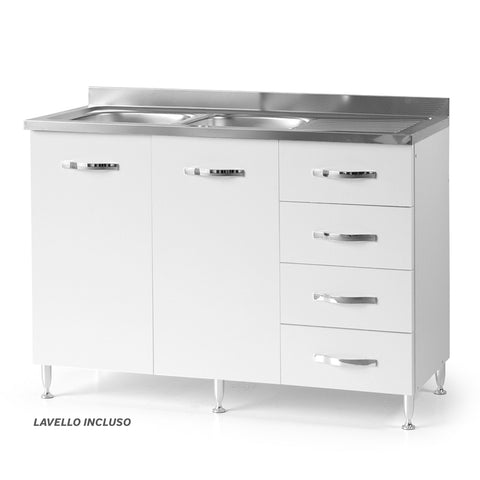 Sotto lavello per cucina componibile da 120 cm con due ante e 4 cassetti, realizzata in legno 100% MADE IN ITALY
