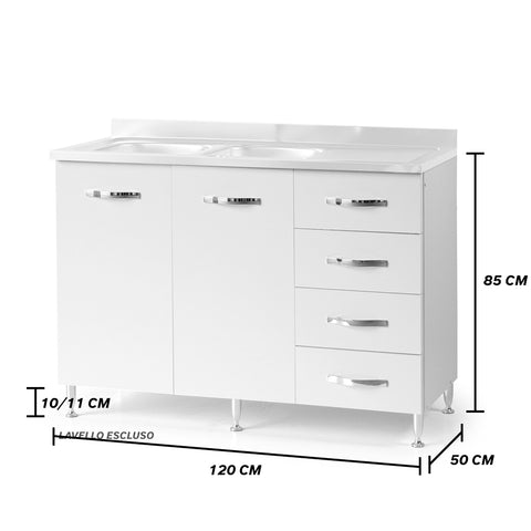 Sotto lavello per cucina componibile da 120 cm con due ante e 4 cassetti, realizzata in legno 100% MADE IN ITALY