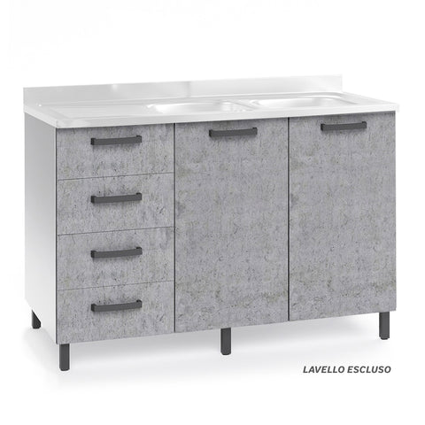 Sotto lavello per cucina componibile da 120 cm con due ante e 4 cassetti, realizzata in legno 100% MADE IN ITALY