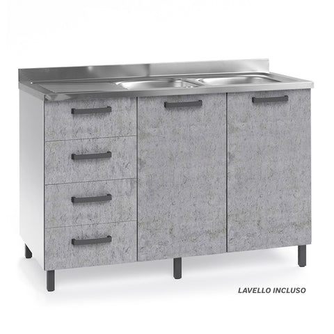 Sotto lavello per cucina componibile da 120 cm con due ante e 4 cassetti, realizzata in legno 100% MADE IN ITALY