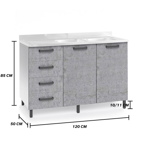 Sotto lavello per cucina componibile da 120 cm con due ante e 4 cassetti, realizzata in legno 100% MADE IN ITALY