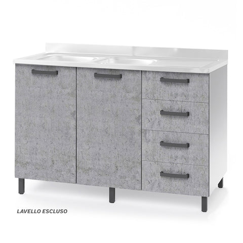Sotto lavello per cucina componibile da 120 cm con due ante e 4 cassetti, realizzata in legno 100% MADE IN ITALY