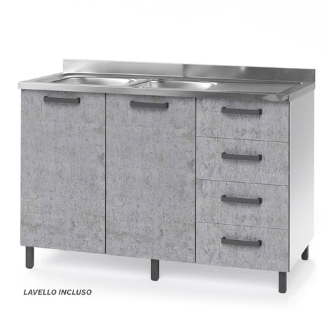 Sotto lavello per cucina componibile da 120 cm con due ante e 4 cassetti, realizzata in legno 100% MADE IN ITALY