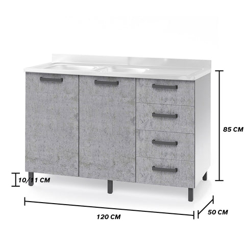 Sotto lavello per cucina componibile da 120 cm con due ante e 4 cassetti, realizzata in legno 100% MADE IN ITALY