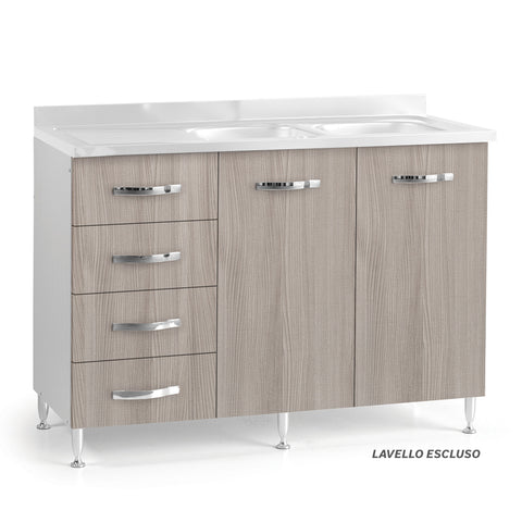 Sotto lavello per cucina componibile da 120 cm con due ante e 4 cassetti, realizzata in legno 100% MADE IN ITALY