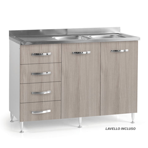 Sotto lavello per cucina componibile da 120 cm con due ante e 4 cassetti, realizzata in legno 100% MADE IN ITALY