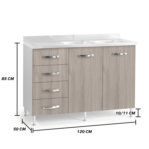 Sotto lavello per cucina componibile da 120 cm con due ante e 4 cassetti, realizzata in legno 100% MADE IN ITALY