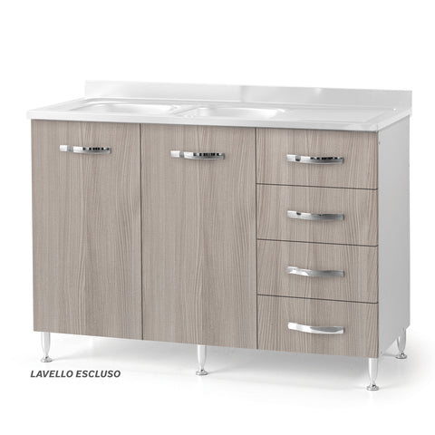Sotto lavello per cucina componibile da 120 cm con due ante e 4 cassetti, realizzata in legno 100% MADE IN ITALY