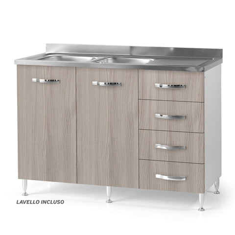 Sotto lavello per cucina componibile da 120 cm con due ante e 4 cassetti, realizzata in legno 100% MADE IN ITALY