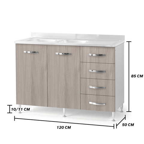 Sotto lavello per cucina componibile da 120 cm con due ante e 4 cassetti, realizzata in legno 100% MADE IN ITALY
