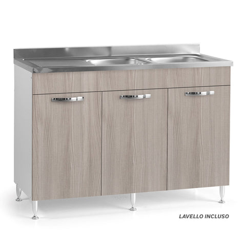 Sottolavello per cucina componibile da 120 cm con tre ante, realizzata in legno 100% MADE IN ITALY