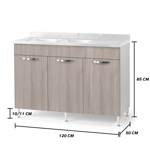 Sottolavello per cucina componibile da 120 cm con tre ante, realizzata in legno 100% MADE IN ITALY
