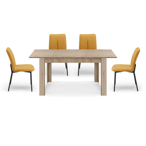Tavolo in legno melaminico allungabile rovere derby con sedie imbottite in tessuto e gambe in metallo