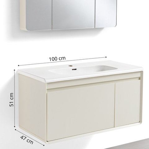 Mobile Bagno Sospeso 60/80/100 cm MIMOSA in alluminio con ante e cassetti, specchiera sospesa, lavabo in ceramica