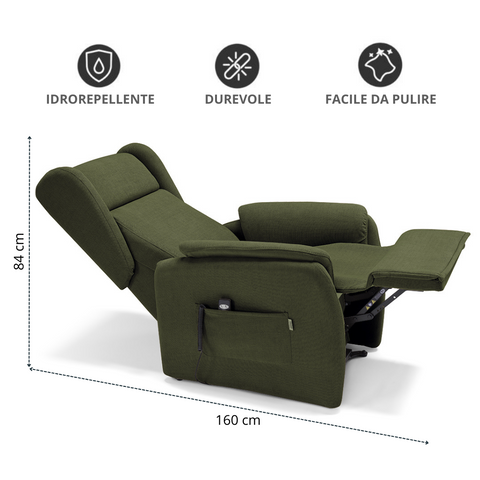 Poltrona relax elettrica reclinabile con roller system e batteria verde oliva scheda tecnica