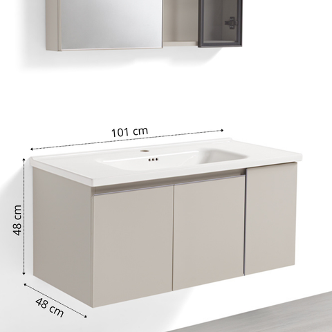 Mobile Bagno Sospeso 100 cm NINFEA in alluminio, con 3 ante, specchio contenitore a 2 ante, lavabo in ceramica