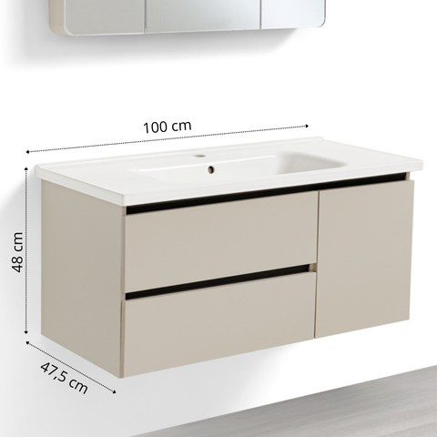 Mobile Bagno Sospeso 60/80/100 cm PEONIA in alluminio con ante e cassetti, specchiera sospesa, lavabo in ceramica