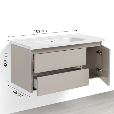 Set Arredo Bagno ALTEA 100 con mobile sospeso in alluminio a 2 cassetti e 1 anta, lavabo in ceramica e specchiera contenitore a 1 anta