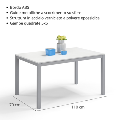 Tavolo per soggiorno con top in legno effetto bianco frassino allungabile e struttura in metallo scheda tecnica