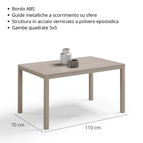 Tavolo per soggiorno con top in legno effetto olmo allungabile e struttura in metallo scheda tecnica