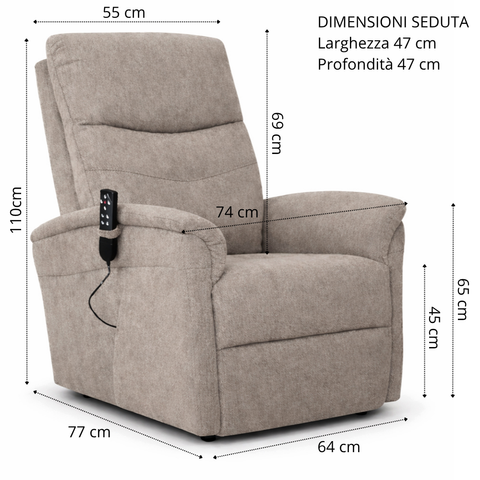 Poltrona elettrica relax 4 motori Parigi con poggiatesta e cuscino lombare regolabili, Kit Optional Roller System e Kit Optional Batteria