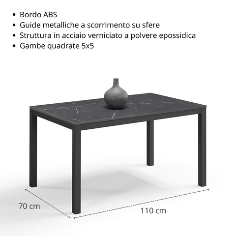 Tavolo per soggiorno con top in legno effetto pietra nera allungabile e struttura in metallo scheda tecnica